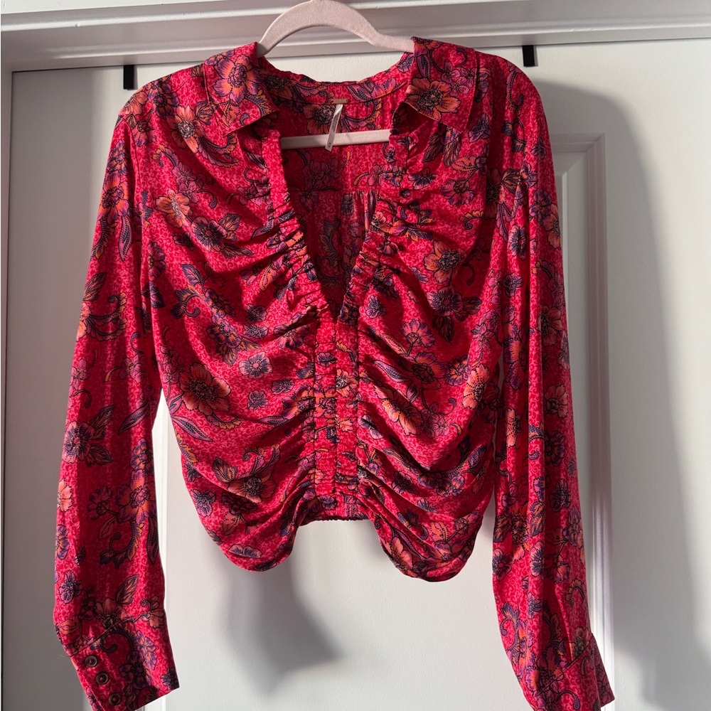 Free People Red Floral Ruched Blouse